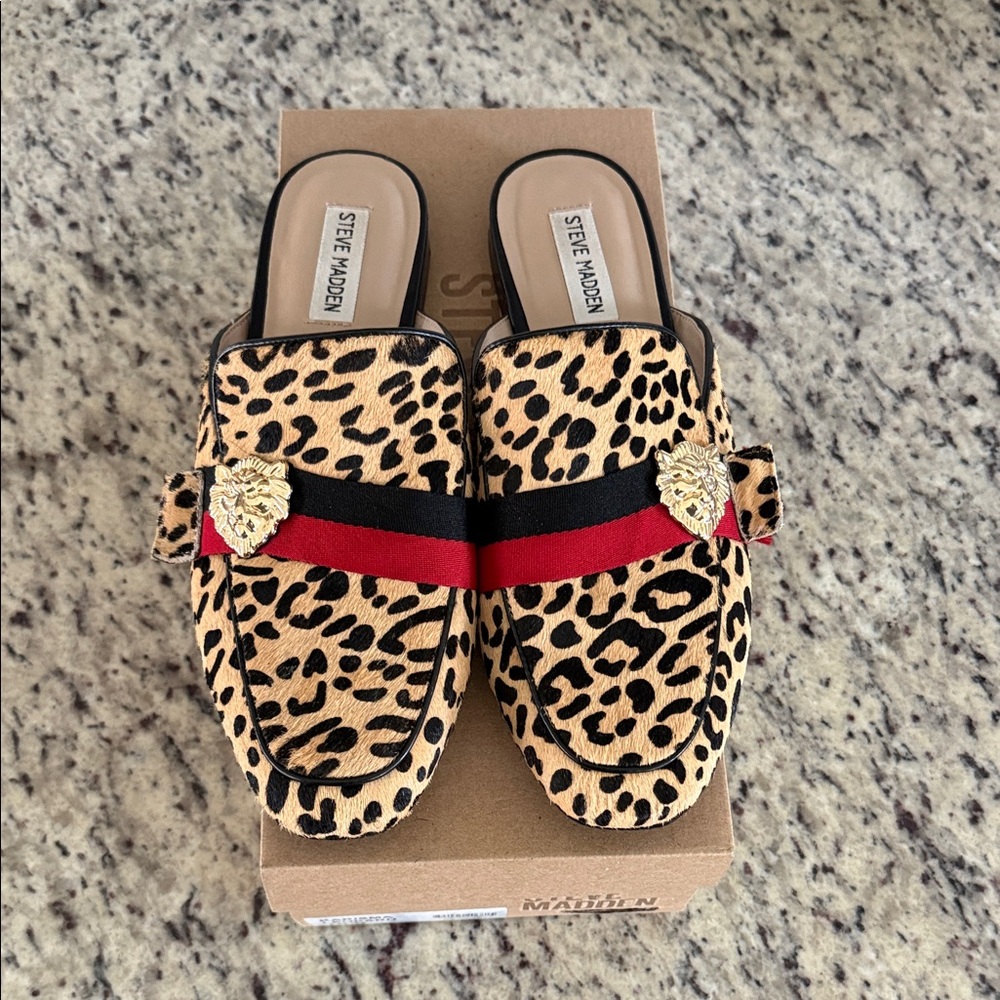 Steve Madden Leopard Print Mule with Red & Black Band and Gold Lion Accent
